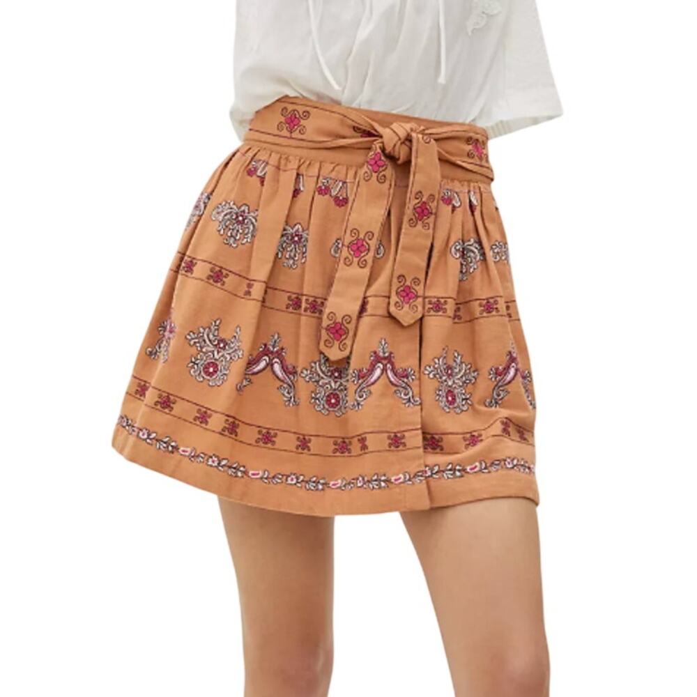 Anthropologie NEW Tan Meghan 100% Cotton Embroidered Floral Boho Mini Skirt
